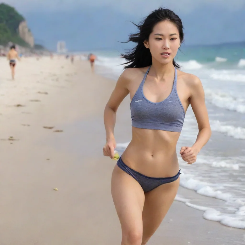 trending sporty asian babe runs on beach good looking fantastic 1