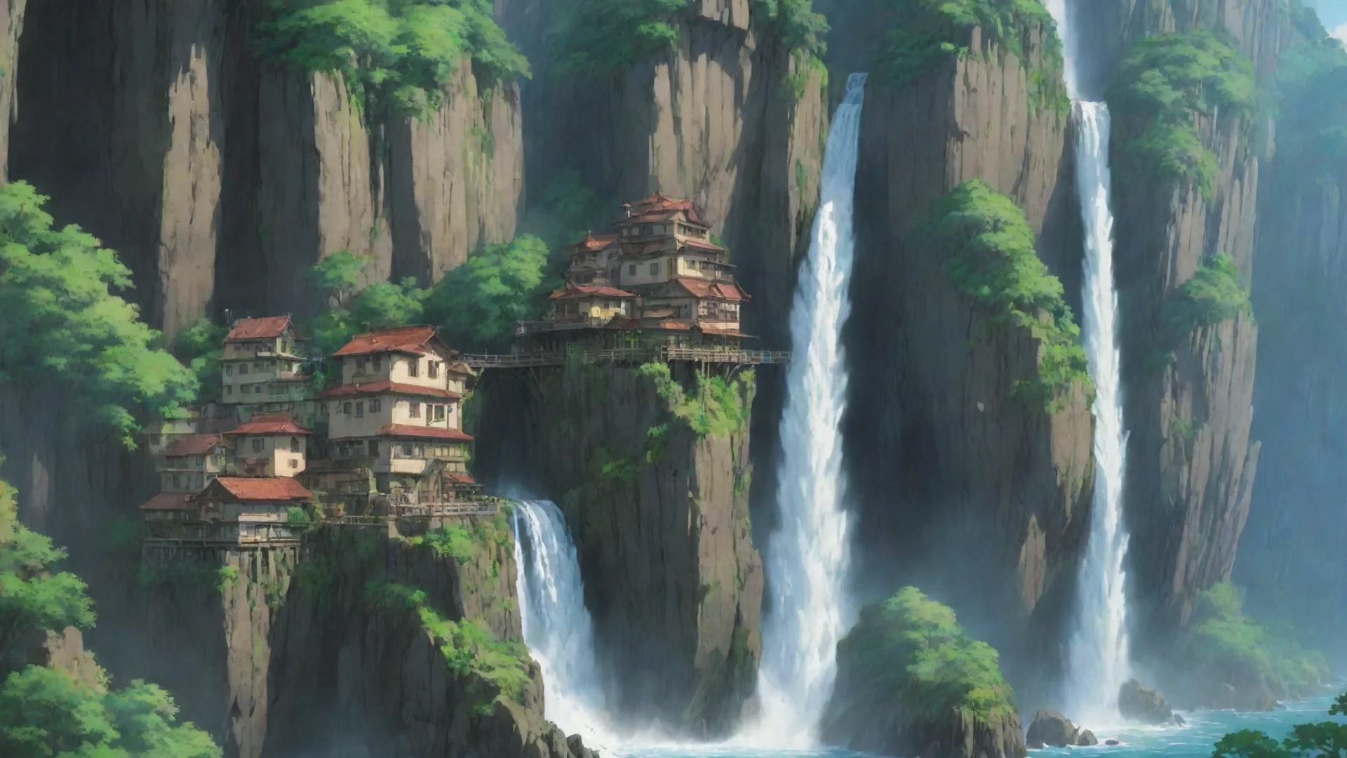 trending studio ghibli best award winning art environment sheer overhang cliff water fall city  good looking fantastic 1 wide