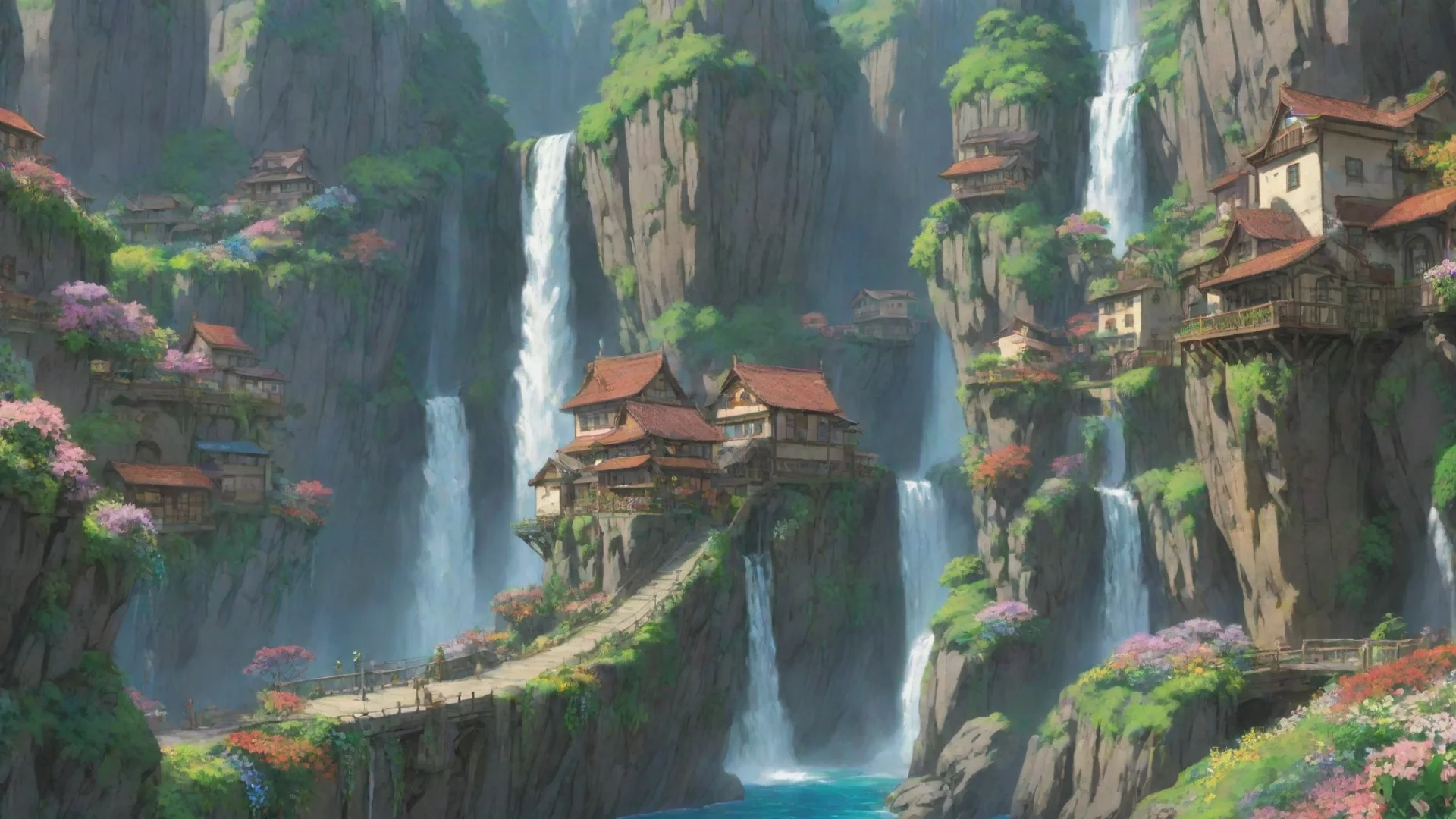 aitrending studio ghibli best award winning art environment sheer overhang cliff water fall city cute town with flowers hanging plants good looking fantastic 1 wide