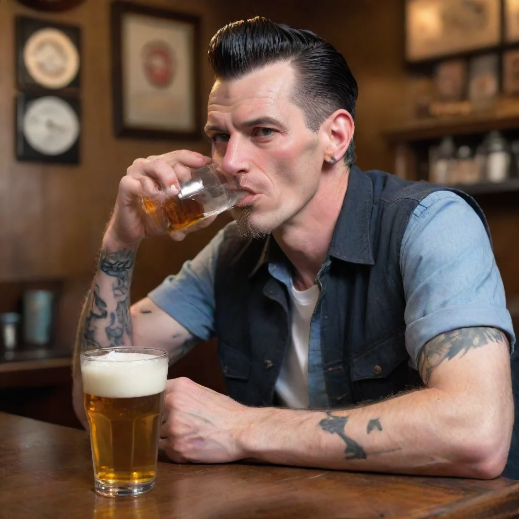 trending thin rockabilly man drinking a pint of water at the pub good looking fantastic 1