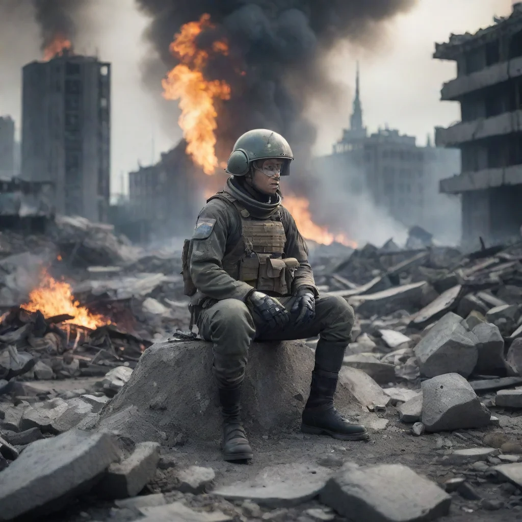 aitrending tired swedish soldier sitting on rubble while sci fi alien city burns in the background good looking fantastic 1