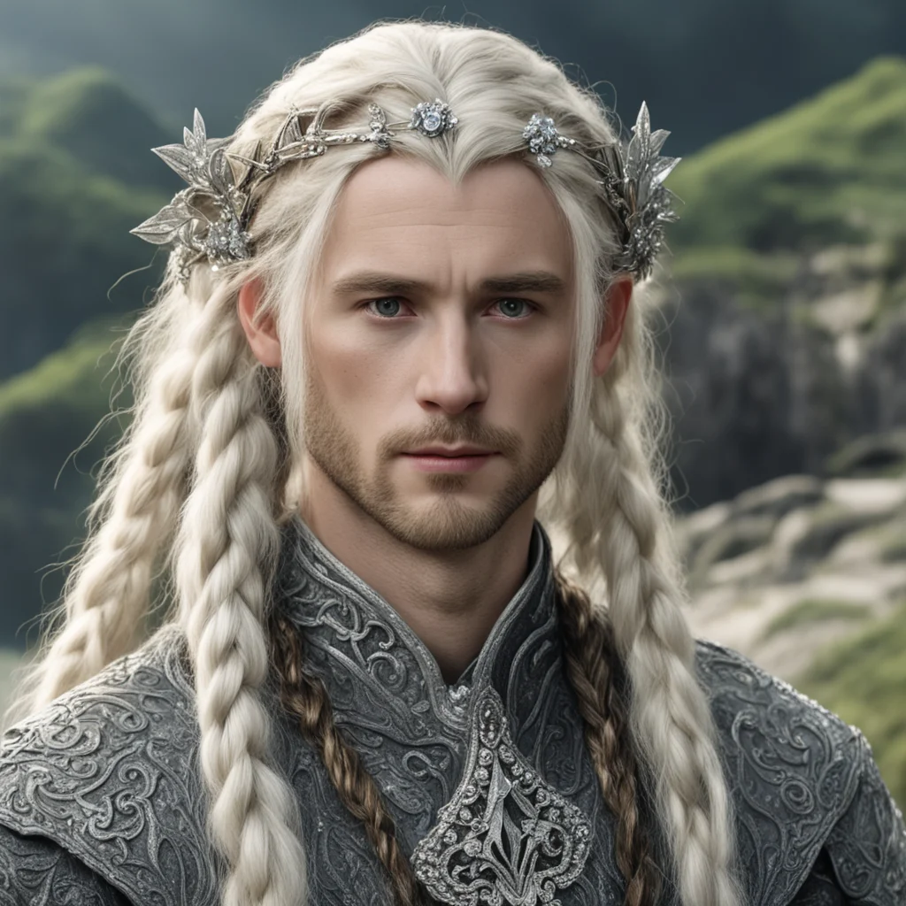 trending tolkien king amroth with blond hair and braids wearing silver flower serpentine sindarin elvish circlet encrusted with diamonds with large center diamond  good looking fantastic 1
