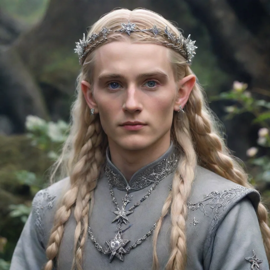 trending tolkien king amroth with blond hair and braids wearing silver star flowers encrusted with diamonds to form a silver elvish circlet with large center diamond good looking fantastic 1