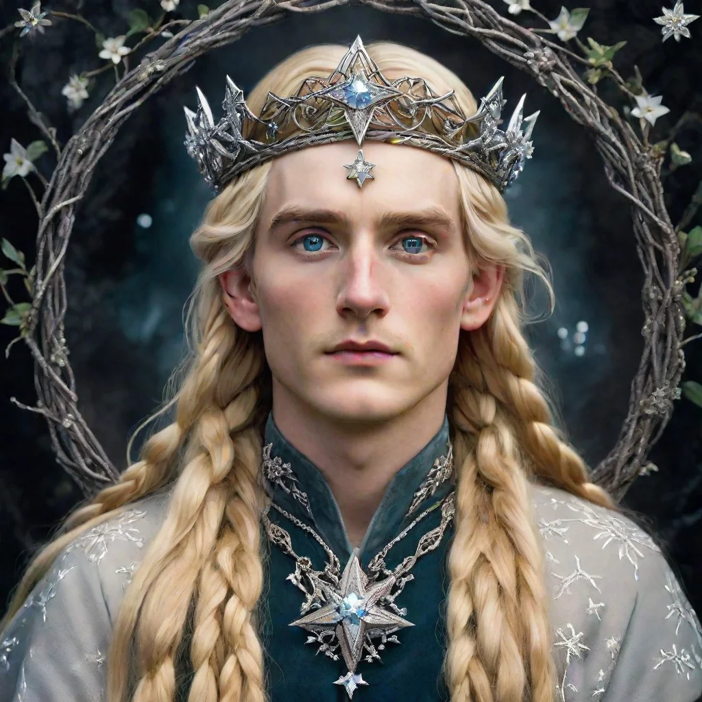 trending tolkien king oropher with blond hair and braids wearing silver star flowers encrusted with diamonds to form a silver elvish circlet with large center diamond good looking fantastic 1