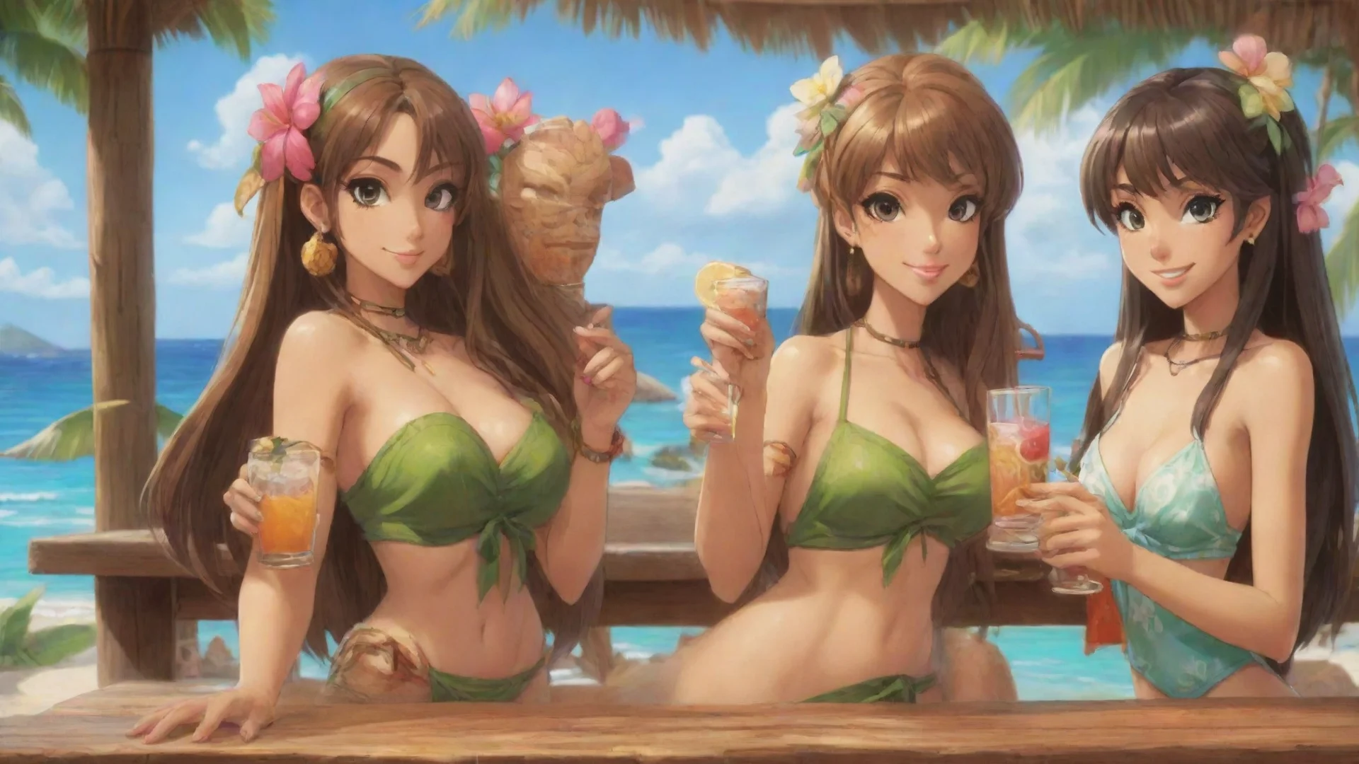 aitrending two anime cartoon women in a tiki bar by the beach paying video games good looking fantastic 1 hdwidescreen