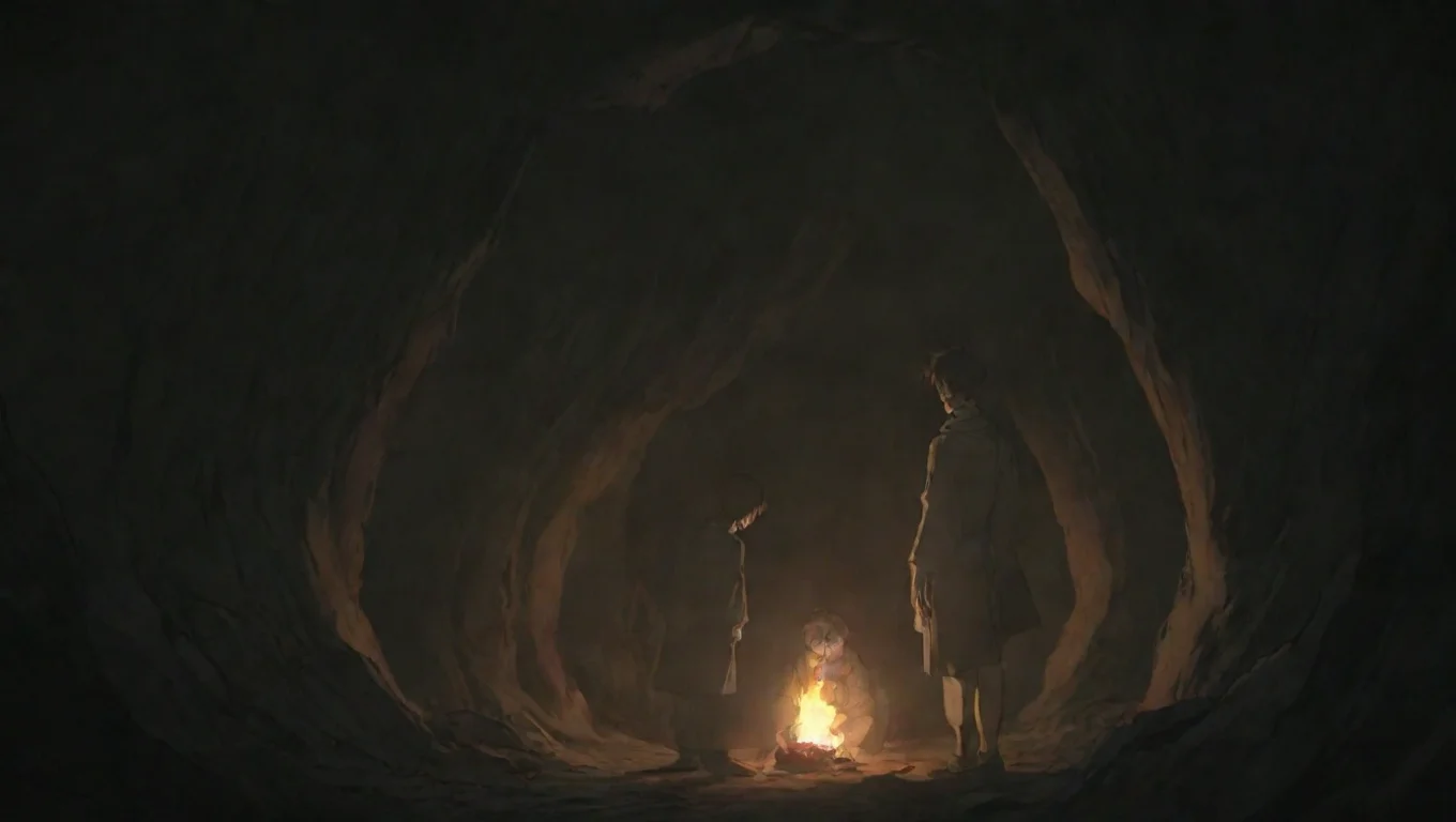 aitrending two men oldendays one warror in torchlit cave hd ghibli anime aesthetic dark horror 1800 vibe  good looking fantastic 1 widescreen