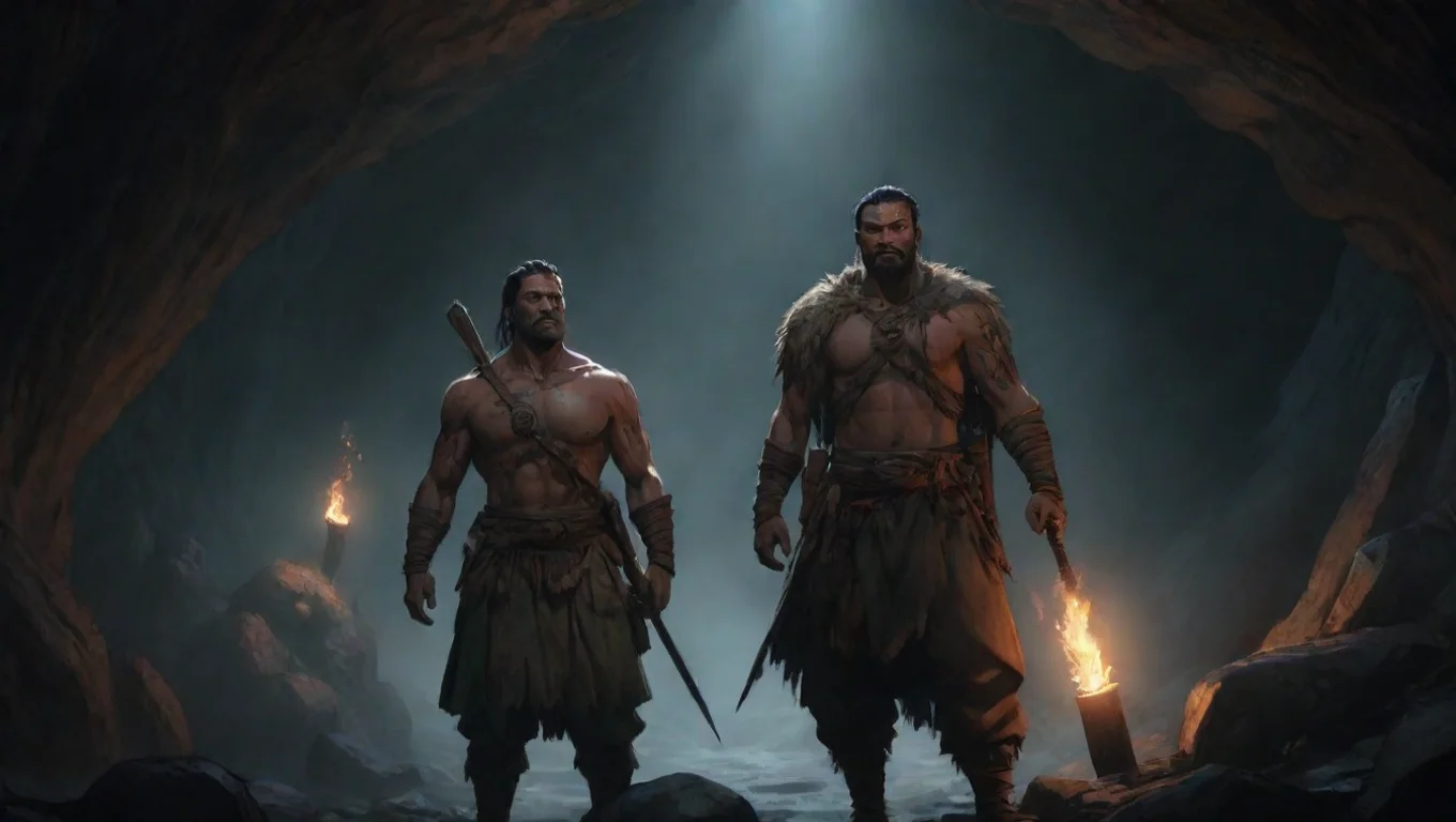 aitrending two soldiers european and maori warrior strong in torchlit cave hd ghibli anime aesthetic dark horror 1800 vibe environment good looking fantastic 1 widescreen