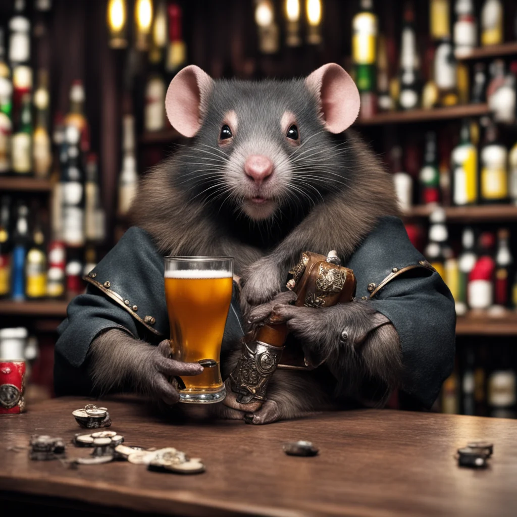 trending warhammer scaven rat behind the bar table holding a  beer and 2 of clubs leaning to the camera over the table  good looking fantastic 1