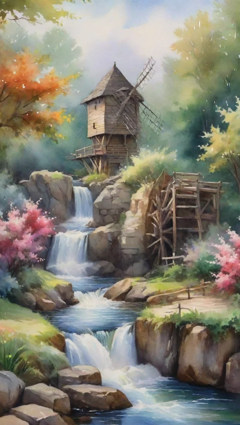 trending watercolor hd detail water windmilll watermill flowers river waterfall peaceful good looking fantastic 1 tall