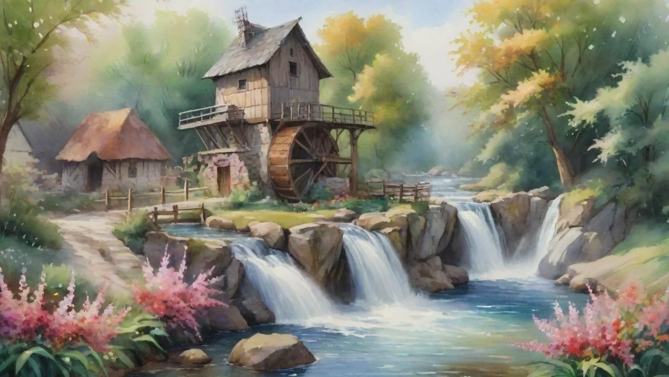trending watercolor hd detail water windmilll watermill flowers river waterfall peaceful good looking fantastic 1 widescreen