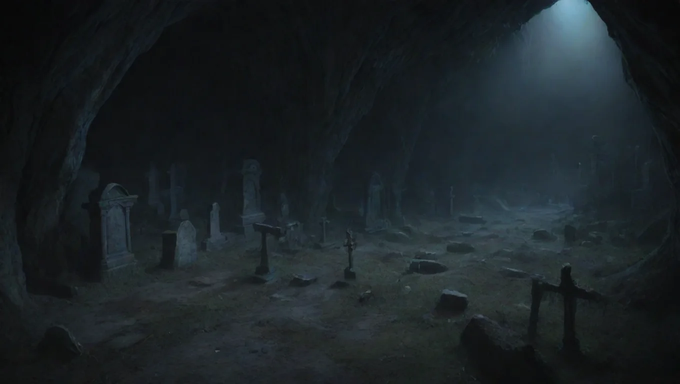 aitrending winding deep  graveyard in cave hd ghibli anime aesthetic dark horror 1800 vibe environment dark no lighting  good looking fantastic 1 widescreen
