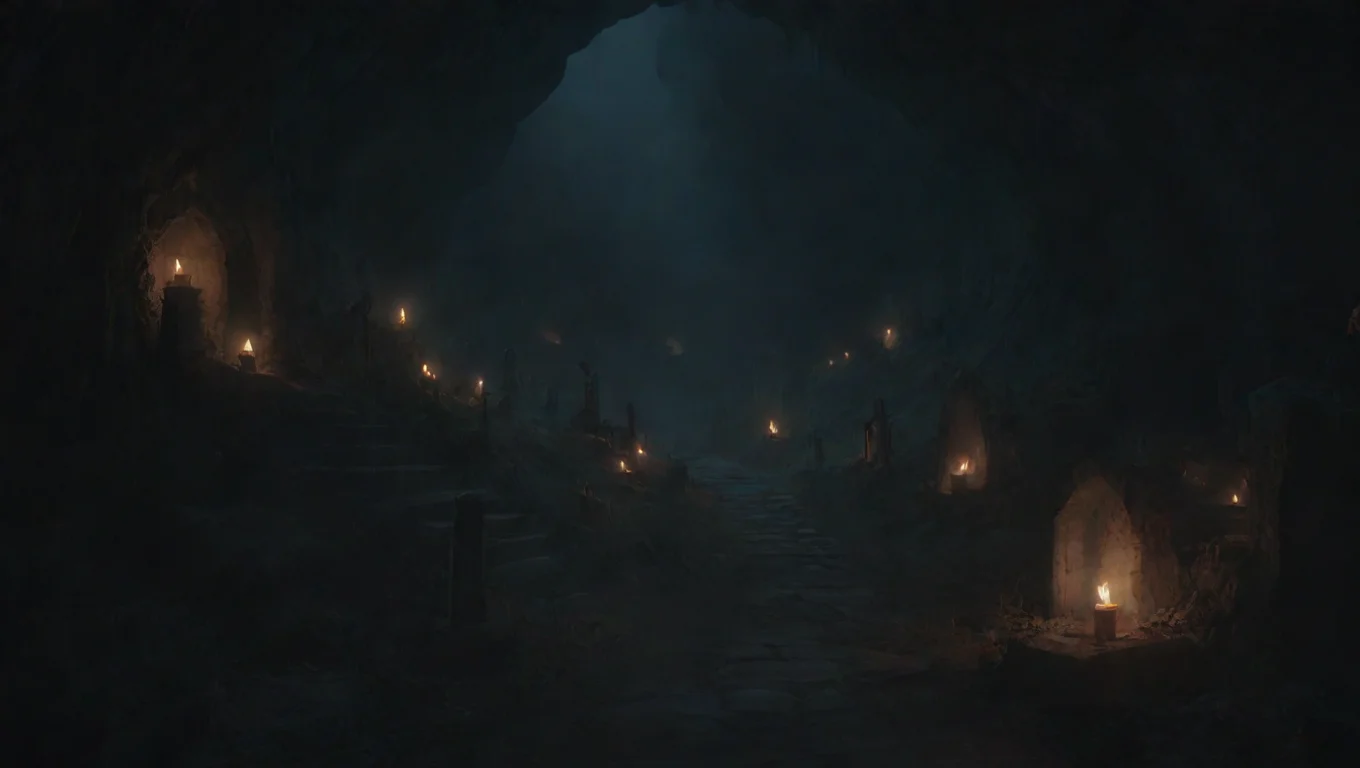 trending winding deep torchlit graveyard in cave hd ghibli anime aesthetic dark horror 1800 vibe environment lit  good looking fantastic 1 widescreen