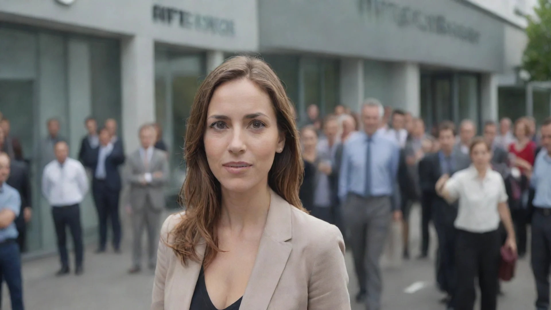 trending woman in front of the office and there are many people behind her good looking fantastic 1 wide
