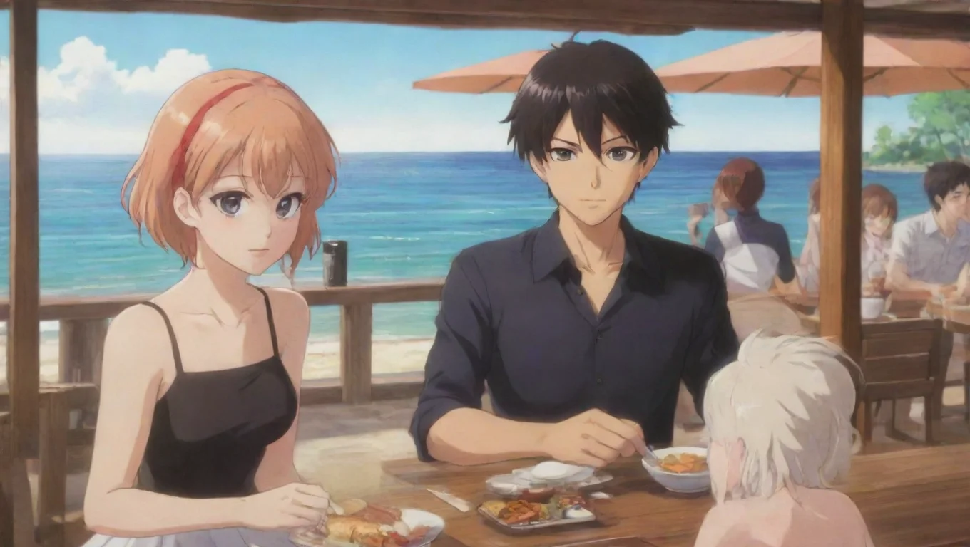 aitrending women and men anime in a restaurant by the beach good looking fantastic 1 widescreen