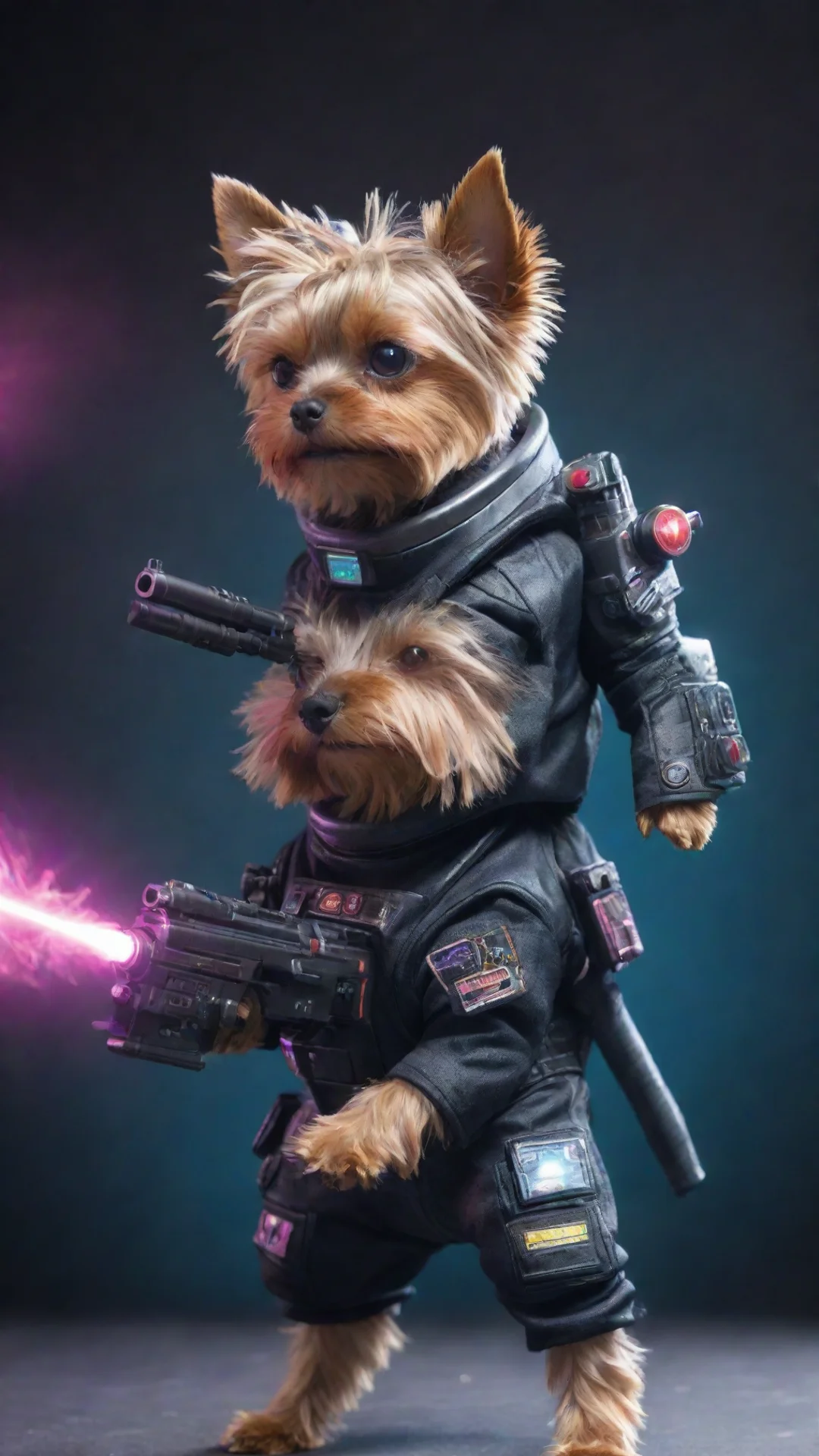 trending yorkshire terrier in a cyberpunk space suit firing a laser gun good looking fantastic 1 tall