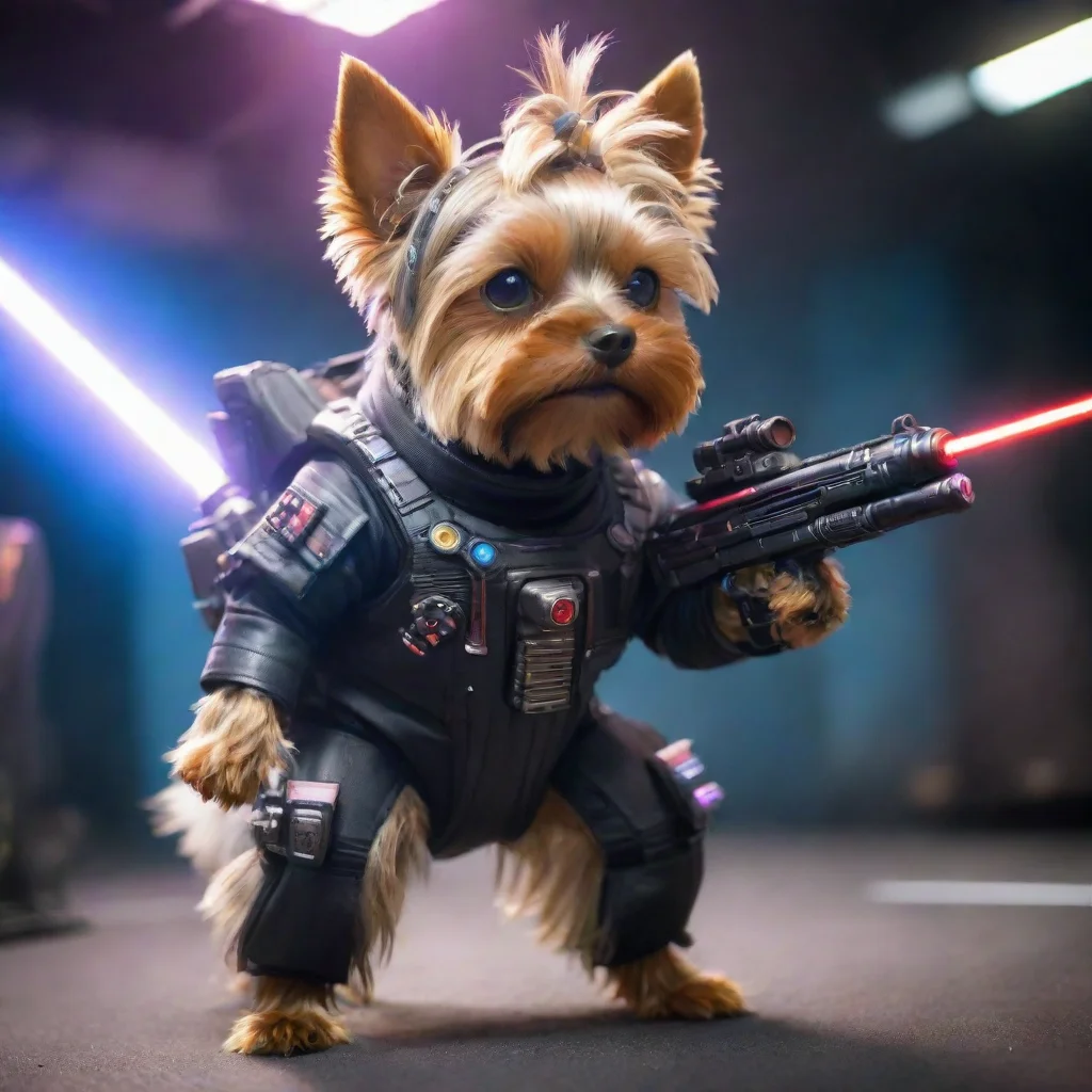 trending yorkshire terrier in a cyberpunk space suit firing laser gun fantasy good looking fantastic 1