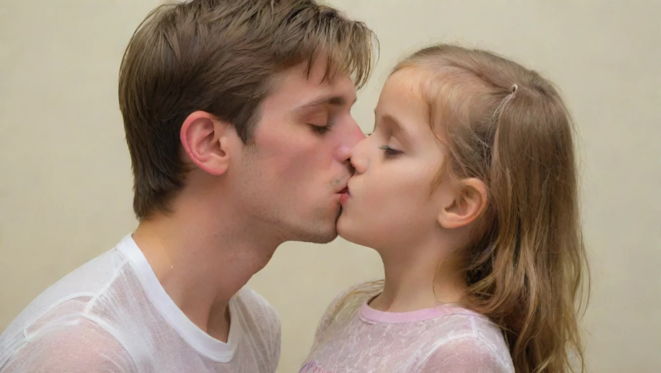 aitrending young adult male kisses very young little girl in see through top. good looking fantastic 1 widescreen