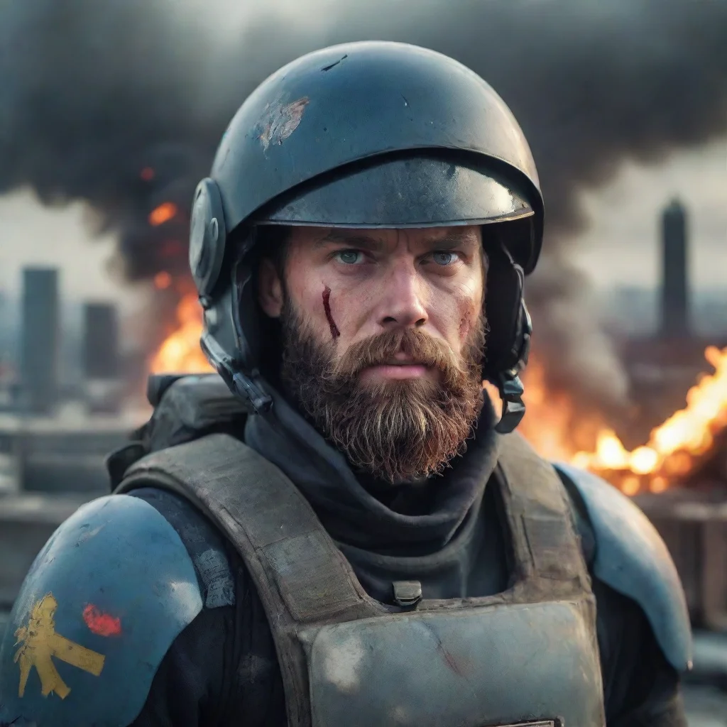 trending young angry bloody scary bearded swedish space soldier staring at viewer frontal view burning city in background good looking fantastic 1