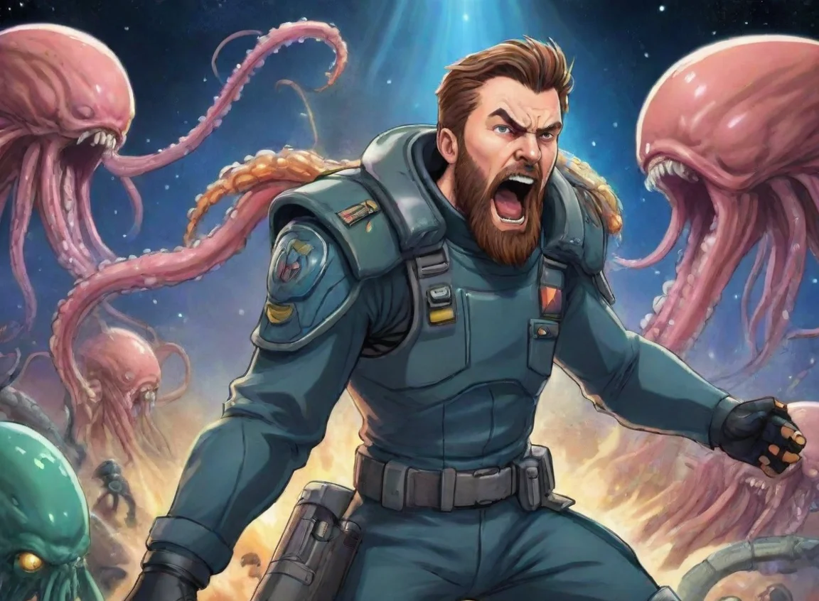 aitrending young bearded angry screaming swedish space soldier man fighting alien squids wars anime style cartoon good looking fantastic 1 landscape43