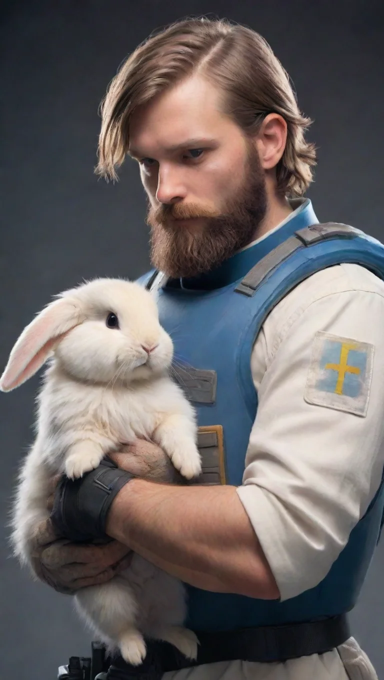 trending young bearded human swedish space soldier hugging a femenine anthropomorphic furry rabbit hd good looking fantastic 1 tall