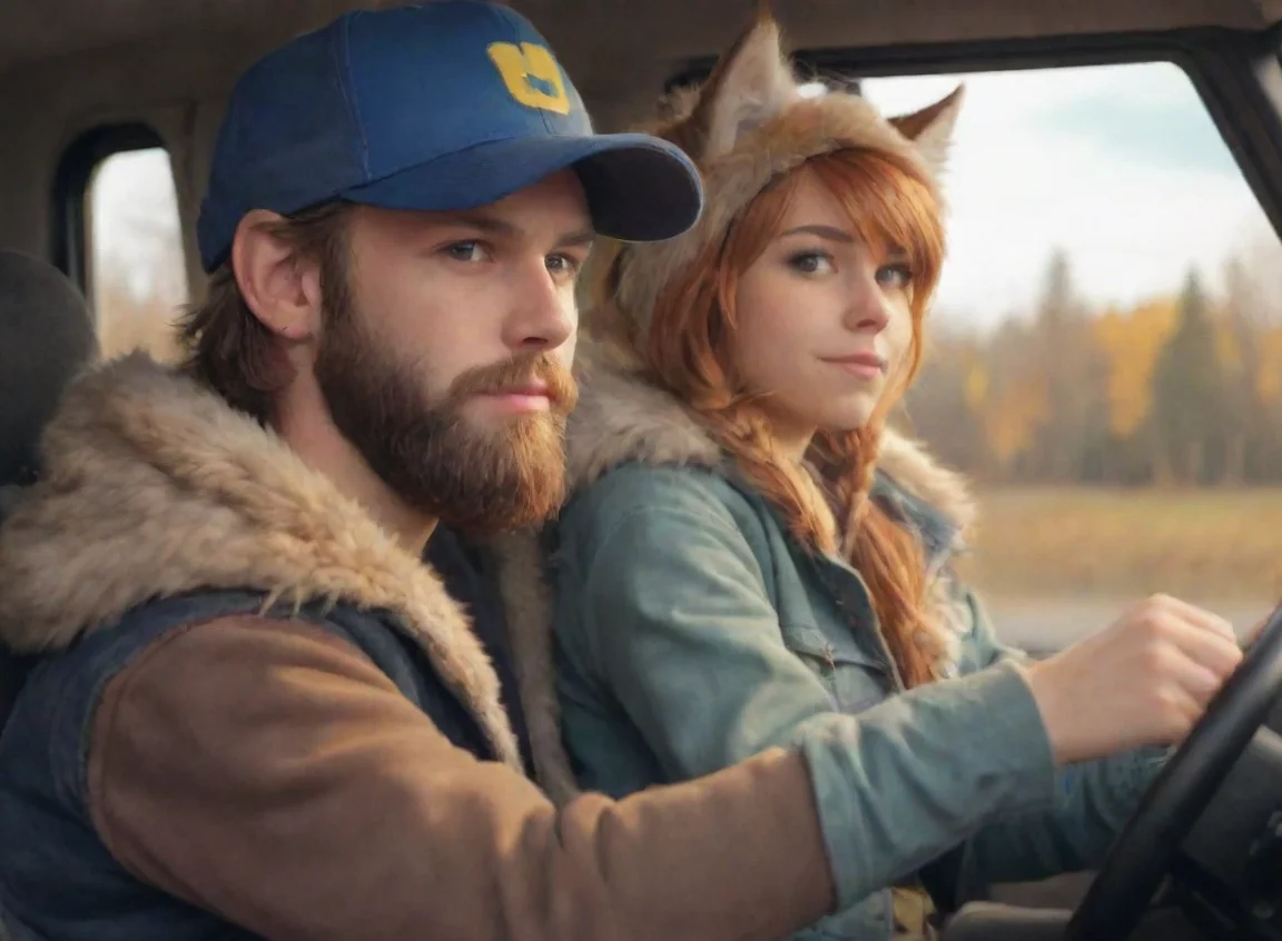 aitrending young bearded swedish human trucker man with baseballcap driving with anthro furry catgirl tomboy couple lovers autumn hd good looking fantastic 1 landscape43