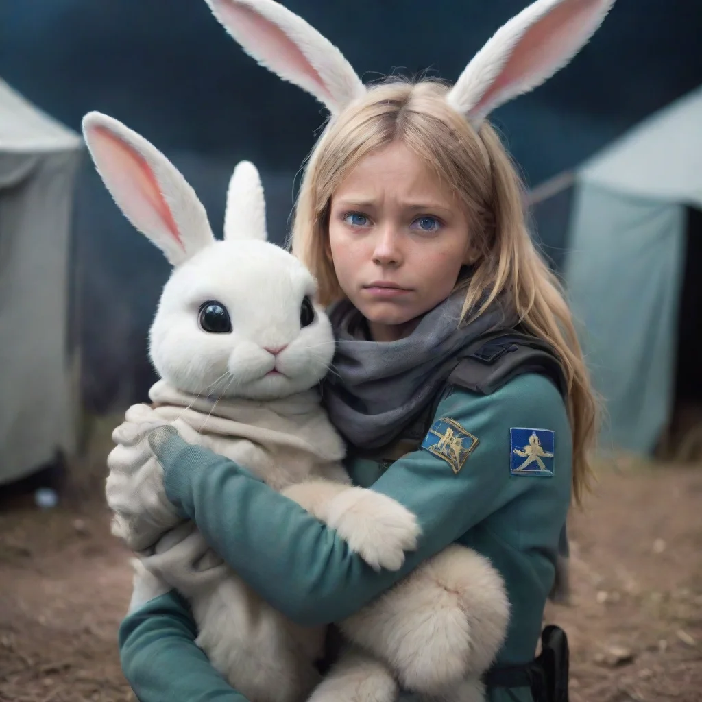 trending young bearded swedish space soldier comfort scared anthropomorphic alien rabbit woman at refugee camp anime style good looking fantastic 1