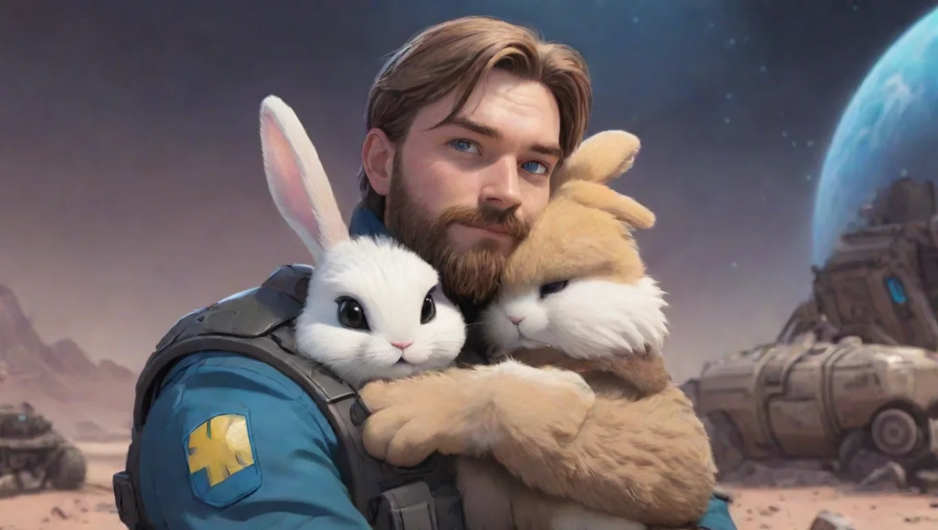 trending young bearded swedish space soldier hugging alien furry rabbit in warzone anime style cartoon good looking fantastic 1 widescreen
