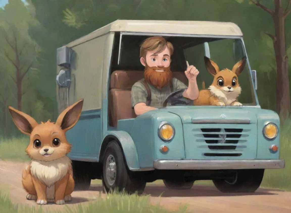 trending young bearded swedish travis grady driving hauler truck with pet eevee cartoon good looking fantastic 1 landscape43