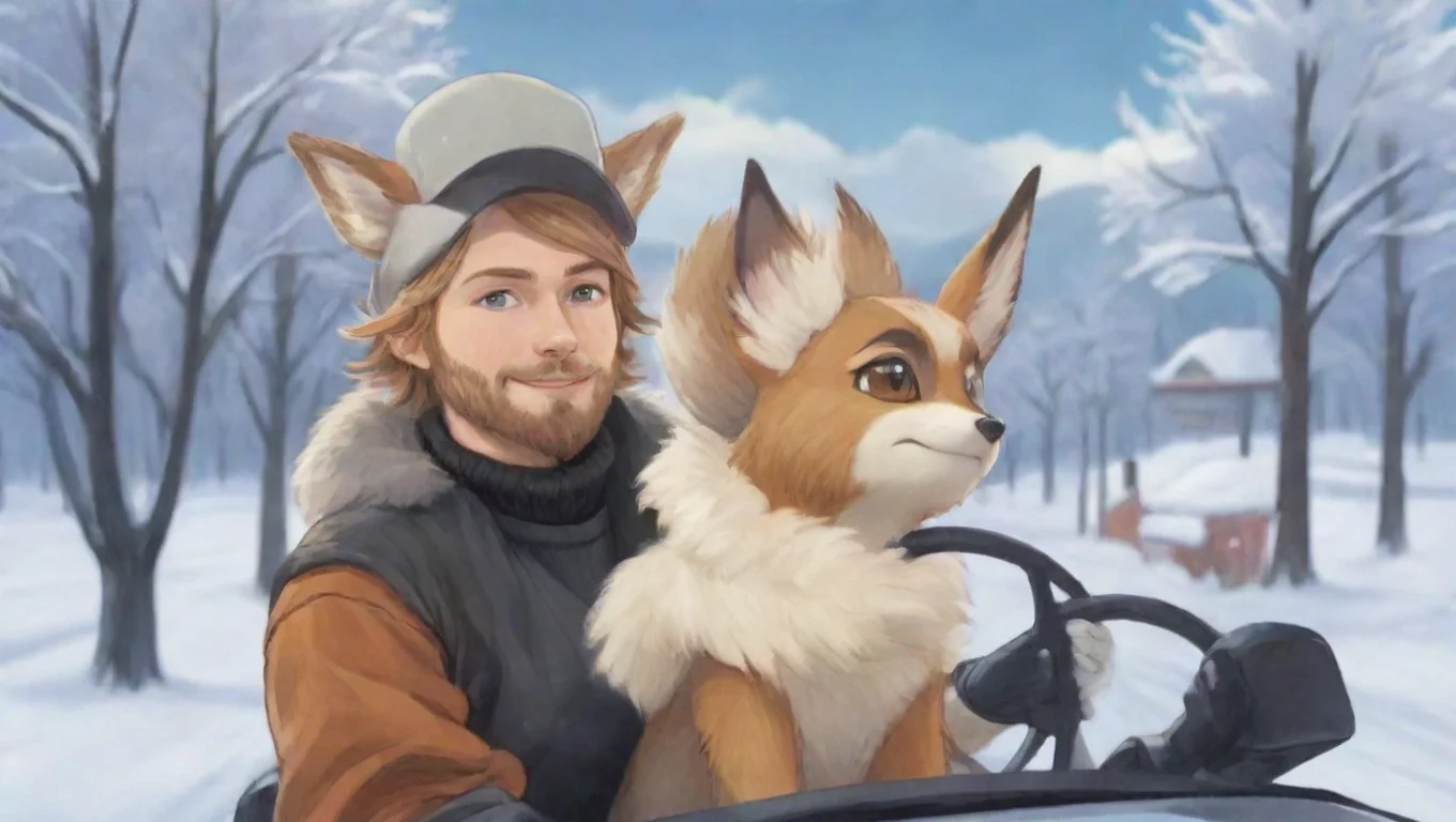 aitrending young bearded swedish trucker human man with baseballcap driving with anthro furry eevee woman couple lovers winterlandscape cartoon anime style good looking fantastic 1 widescreen