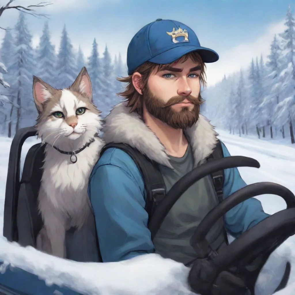 aitrending young bearded swedish trucker man with baseballcap driving with anthro furry punk catgirl couple lovers winterlanscape anime style good looking fantastic 1