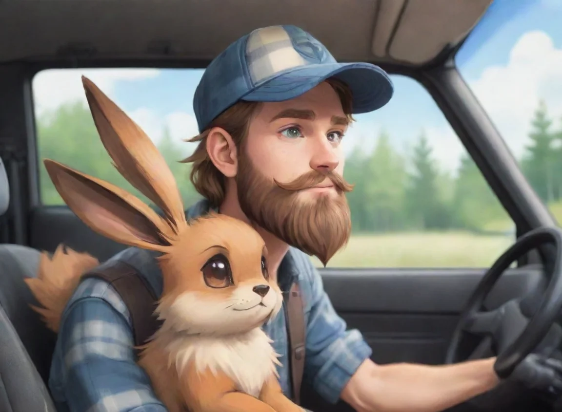 trending young bearded swedish trucker man with baseballcap flannel driving with pet eevee anime style cartoon good looking fantastic 1 landscape43