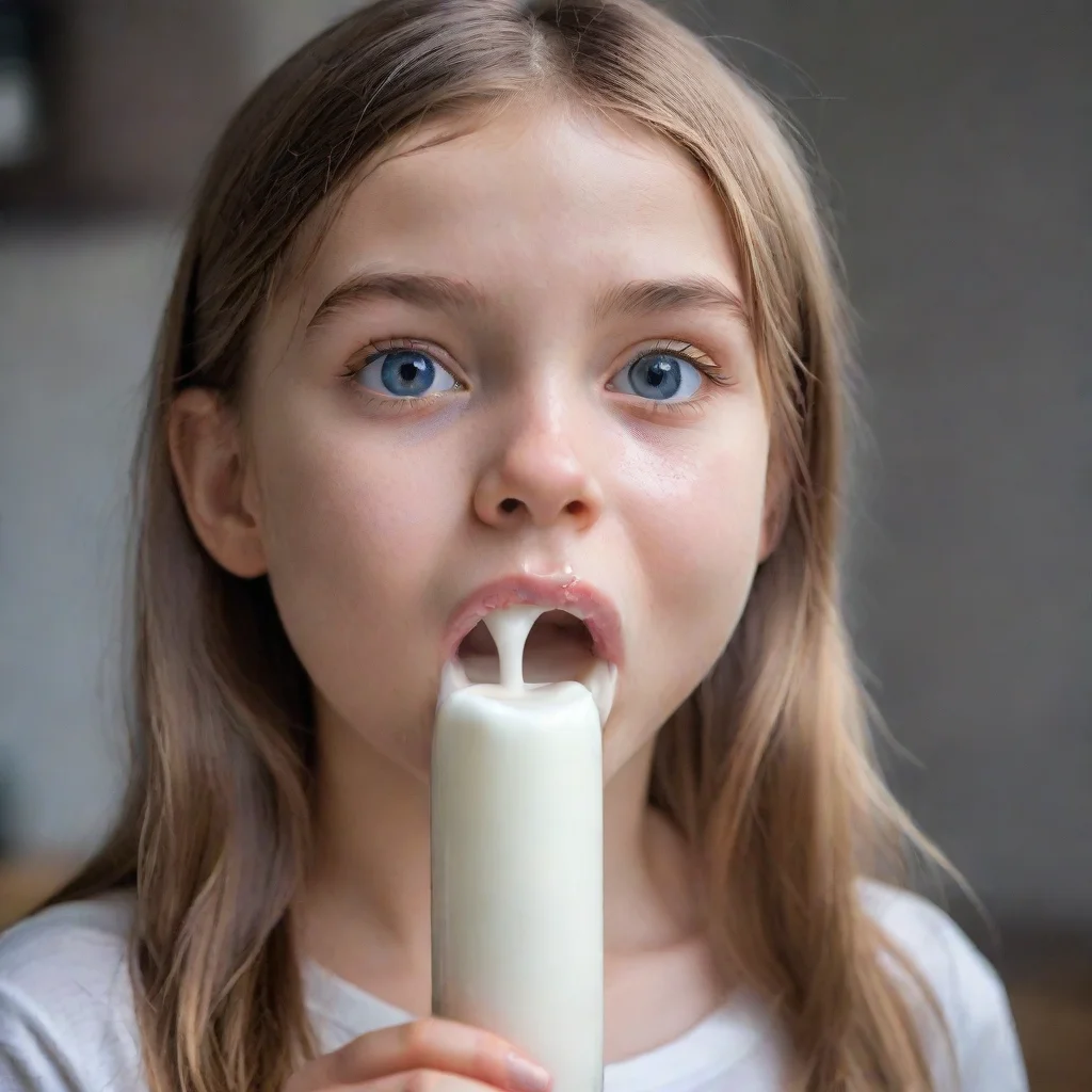 trending young girl with milk dripping out of her mouth. good looking fantastic 1