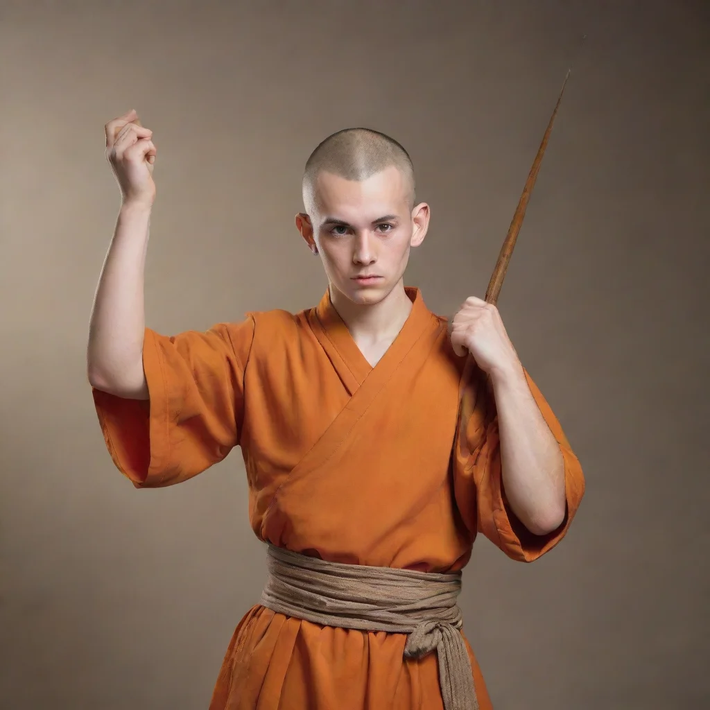 trending young human monk holding his quarterstaff  behind his head with both his hands good looking fantastic 1