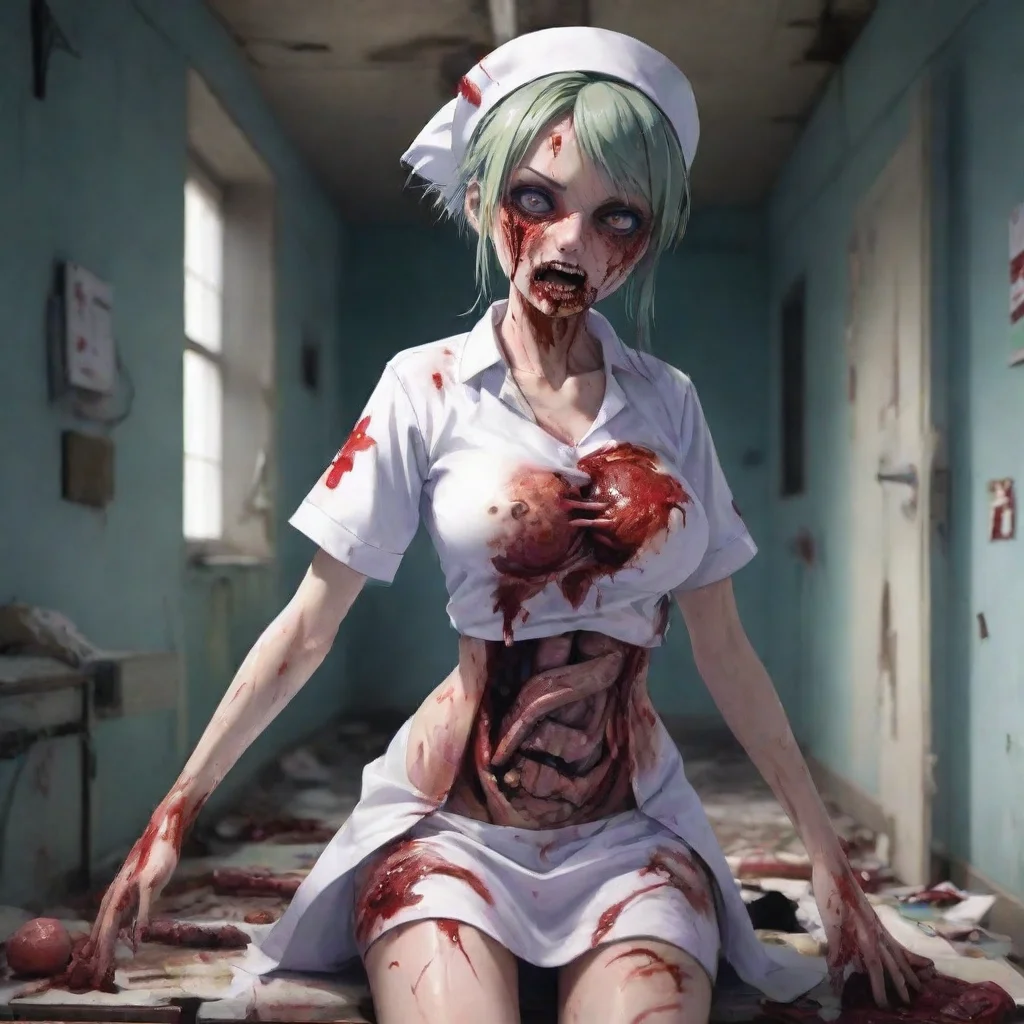 aitrending zombie nurse gory anime in a ruined hospital with her chest torn open and intestines spilling out holding a knife cute anime style not to scary good looking fantastic 1