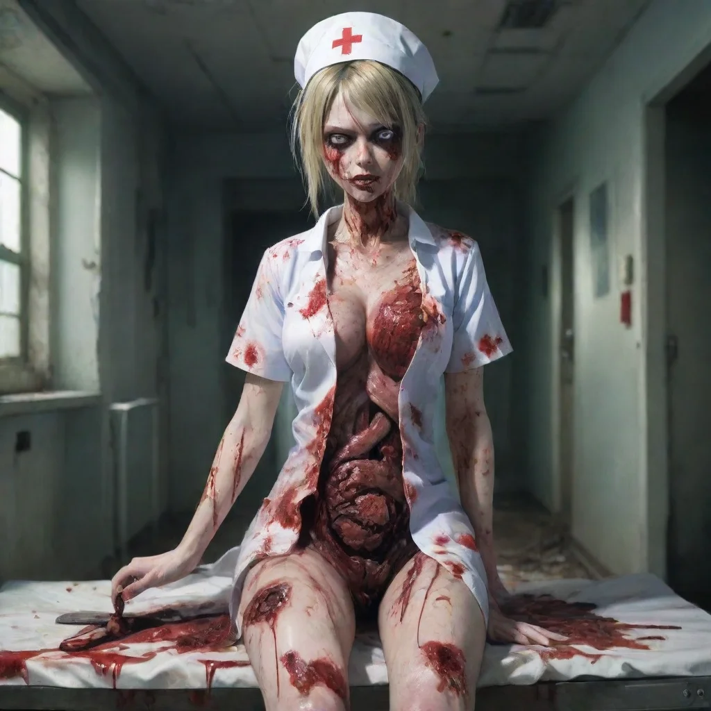 trending zombie nurse gory anime in a ruined hospital with her chest torn open and intestines spilling out holding a knife good looking fantastic 1