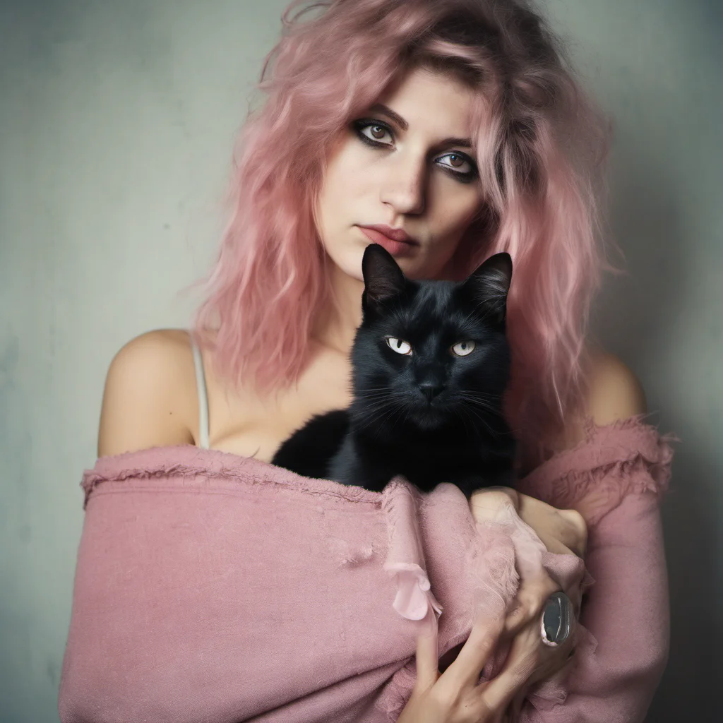 twisted german 24 yo girl messy hair  smokey eyes  pink bra   holding a black cat   scratched old polaroid amazing awesome portrait 2