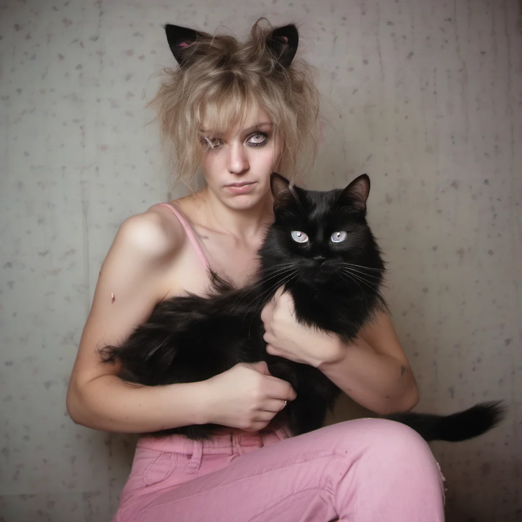 twisted german 24 yo girl messy hair  smokey eyes  pink bra   holding a black cat   scratched old polaroid confident engaging wow artstation art 3