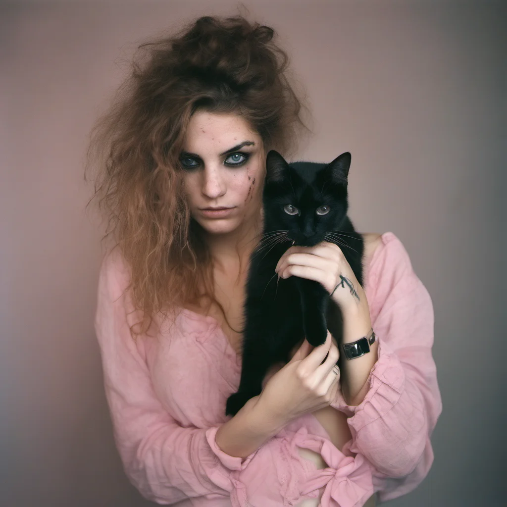 aitwisted german 24 yo girl messy hair  smokey eyes  pink bra   holding a black cat   scratched old polaroid good looking trending fantastic 1