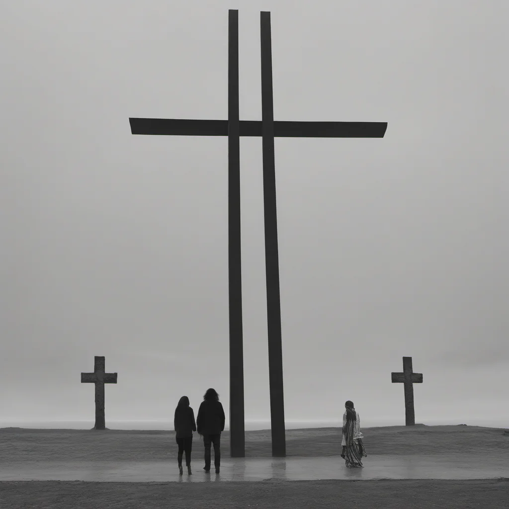 two long haired people near a giant cross confident engaging wow artstation art 3