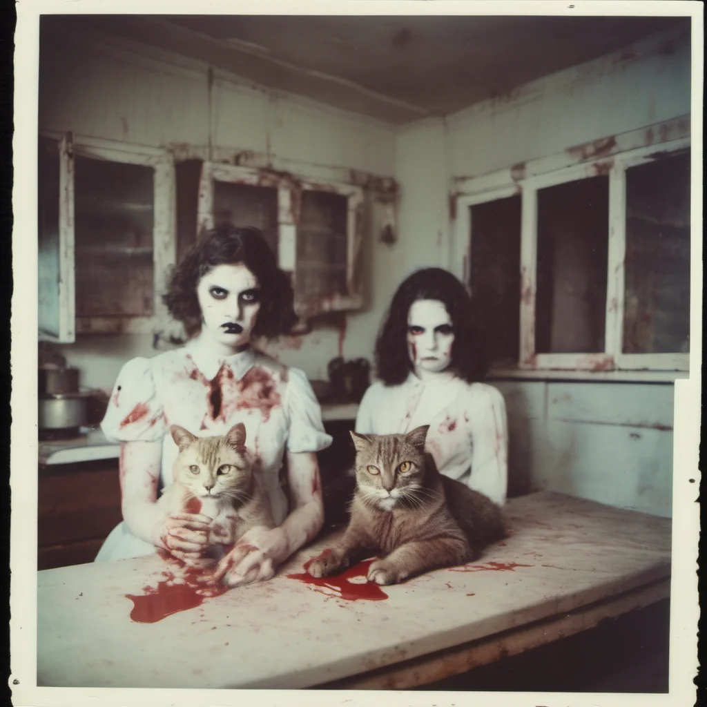 aitwo mean bloody zombie girls with their giant cypress cat in an old kitchen    with lots of blood   uncanny horror    polaroid amazing awesome portrait 2