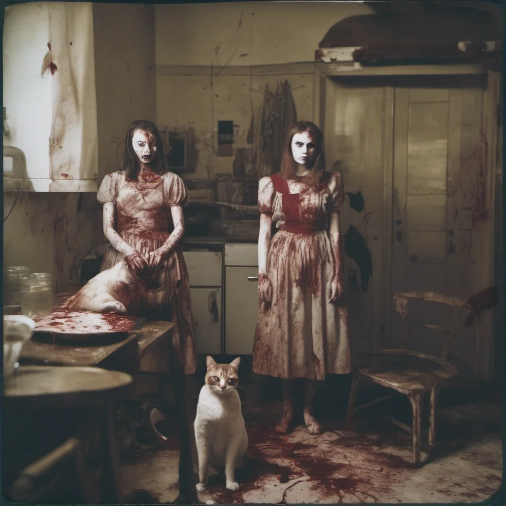aitwo mean bloody zombie girls with their giant cypress cat in an old kitchen    with lots of blood   uncanny horror    polaroid good looking trending fantastic 1