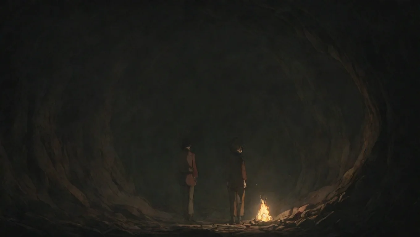 aitwo men oldendays one warror in torchlit cave hd ghibli anime aesthetic dark horror 1800 vibe  widescreen