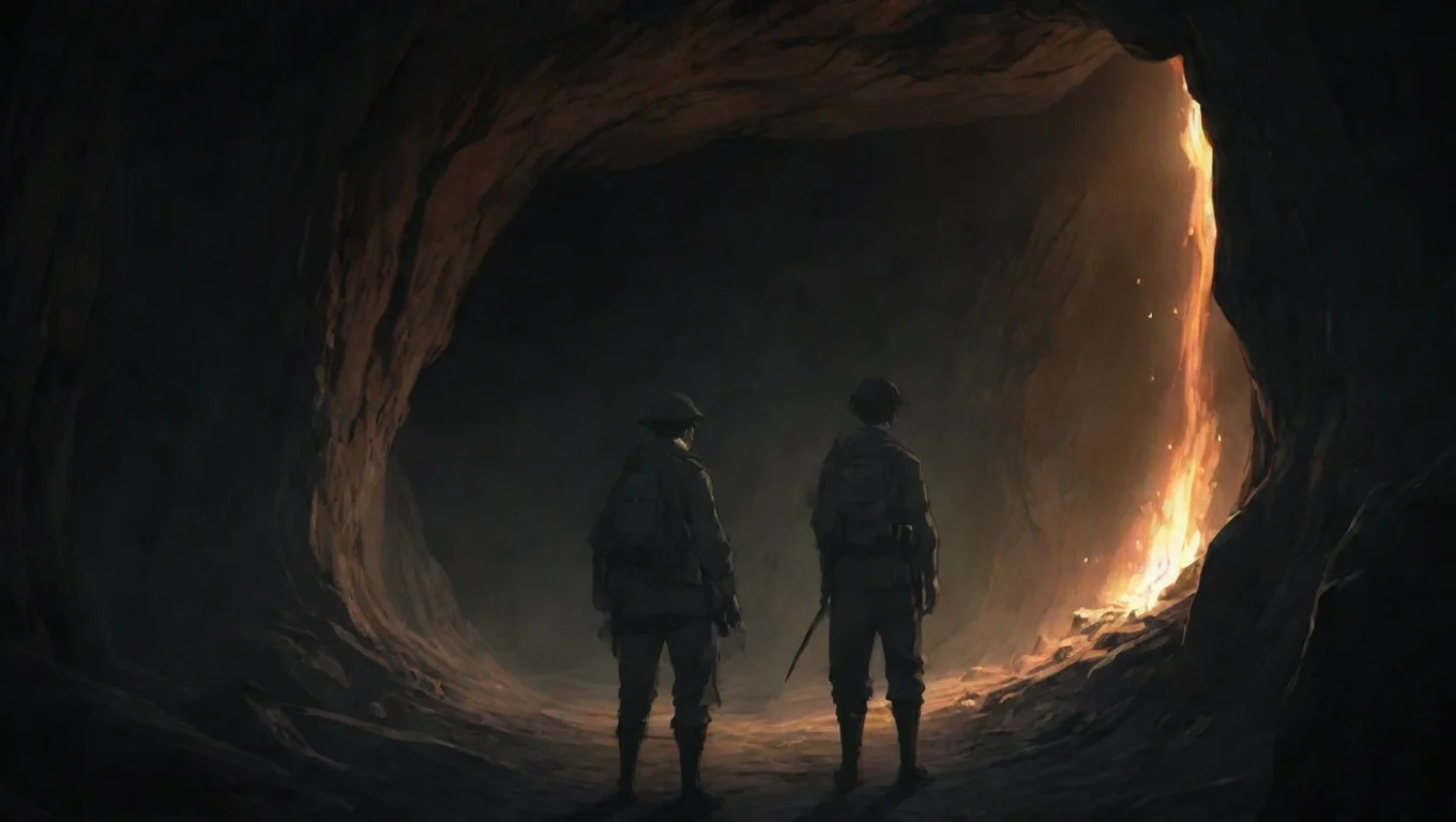 aitwo soldiers in torchlit cave hd ghibli anime aesthetic dark horror 1800 vibe environment widescreen