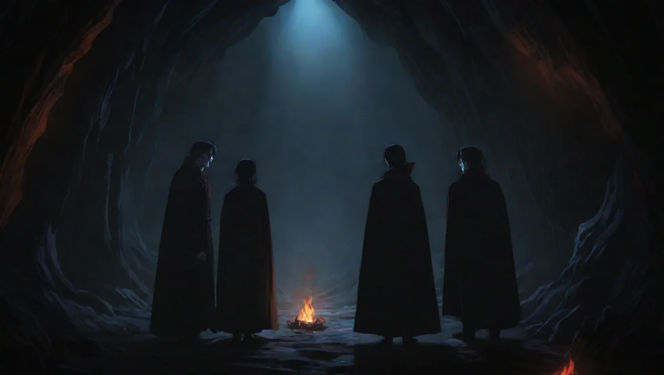 aitwo vampires in torchlit cave hd ghibli anime aesthetic dark horror 1800 vibe environment widescreen