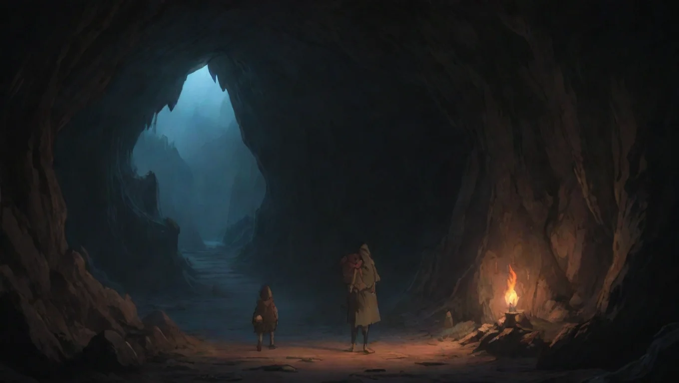 aitwo warrors in torchlit cave hd ghibli anime aesthetic dark horror 1800 vibe environment widescreen