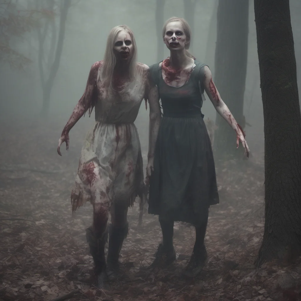 two zombie girls slaughtering putin in a forest   fog   uncanny    realistic cinematic grunge  confident engaging wow artstation art 3