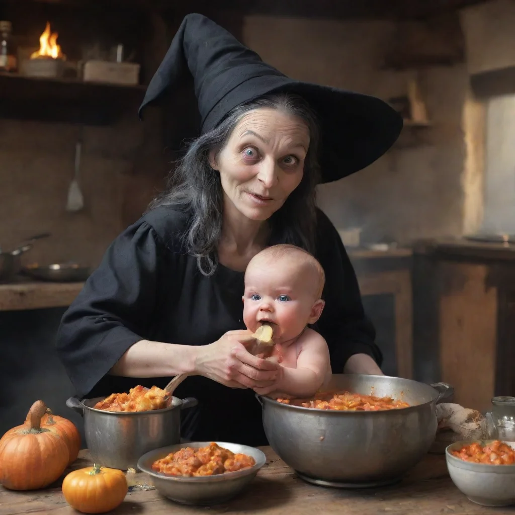ugly witch cooking a baby