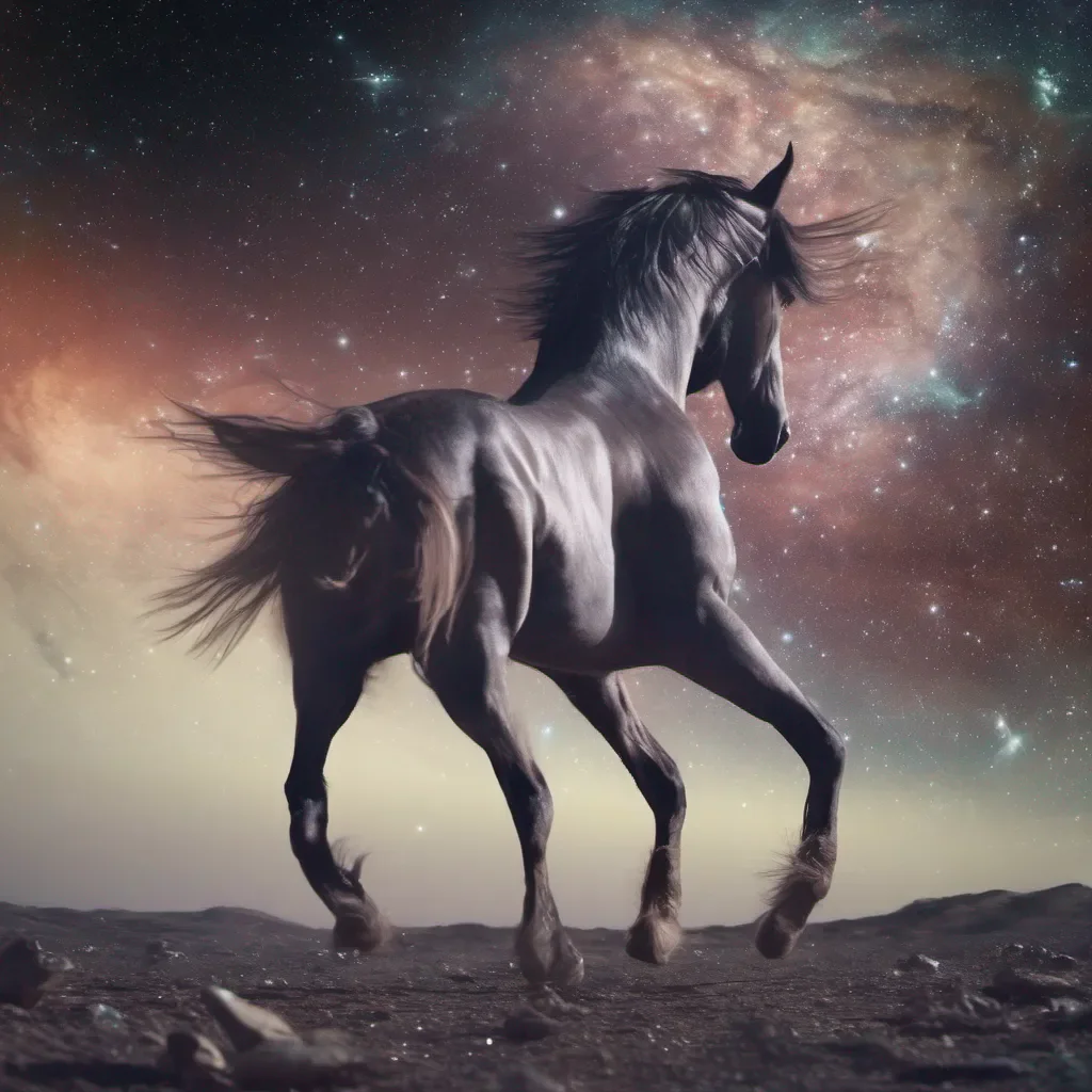 aiun caballo  fotando  en  el espacio  con  destellos bbrillantes