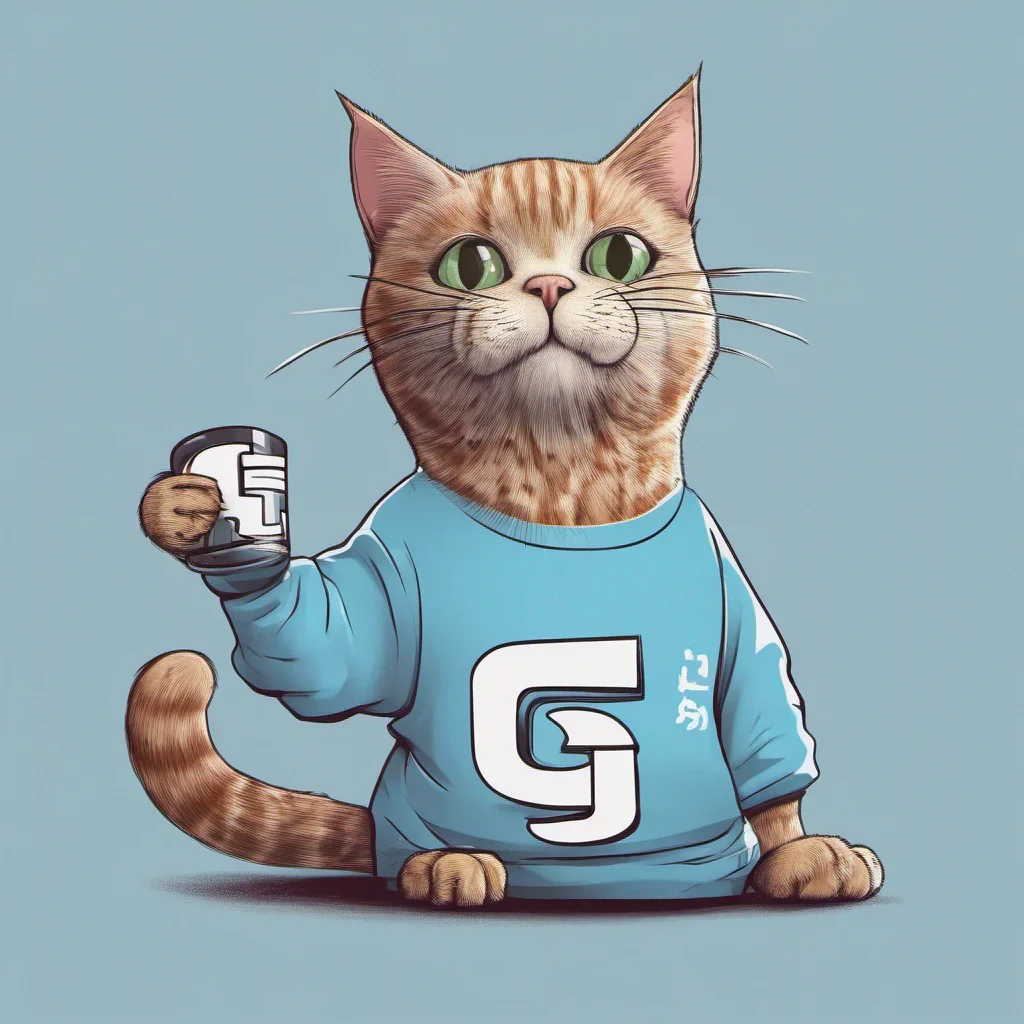 aiun gato con camiseta celeste sujetando la letra g en sus manos