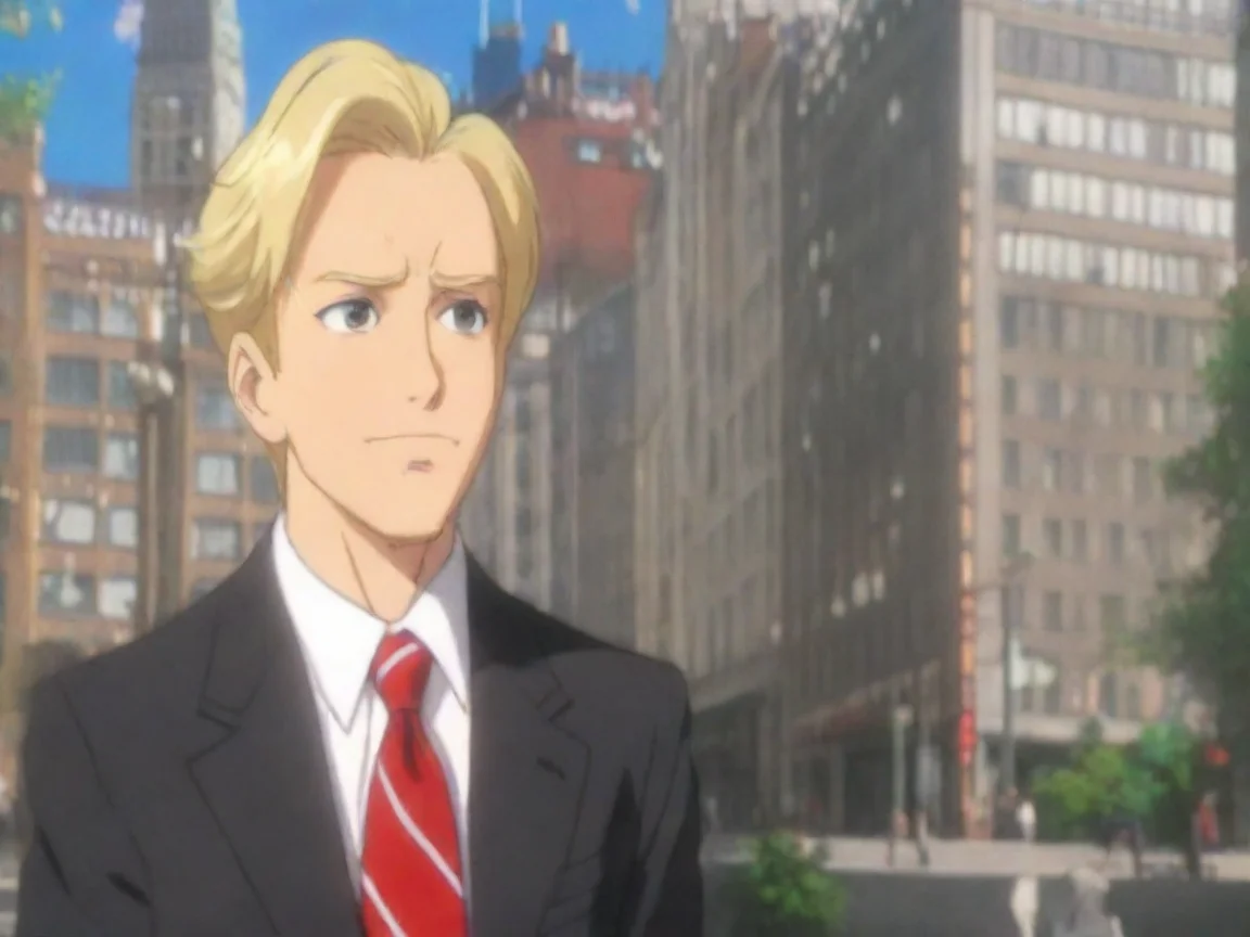 aiundefinedartistic anime character mayor in suit and red tie blonde hair epic tv interview city backdropundefined 4